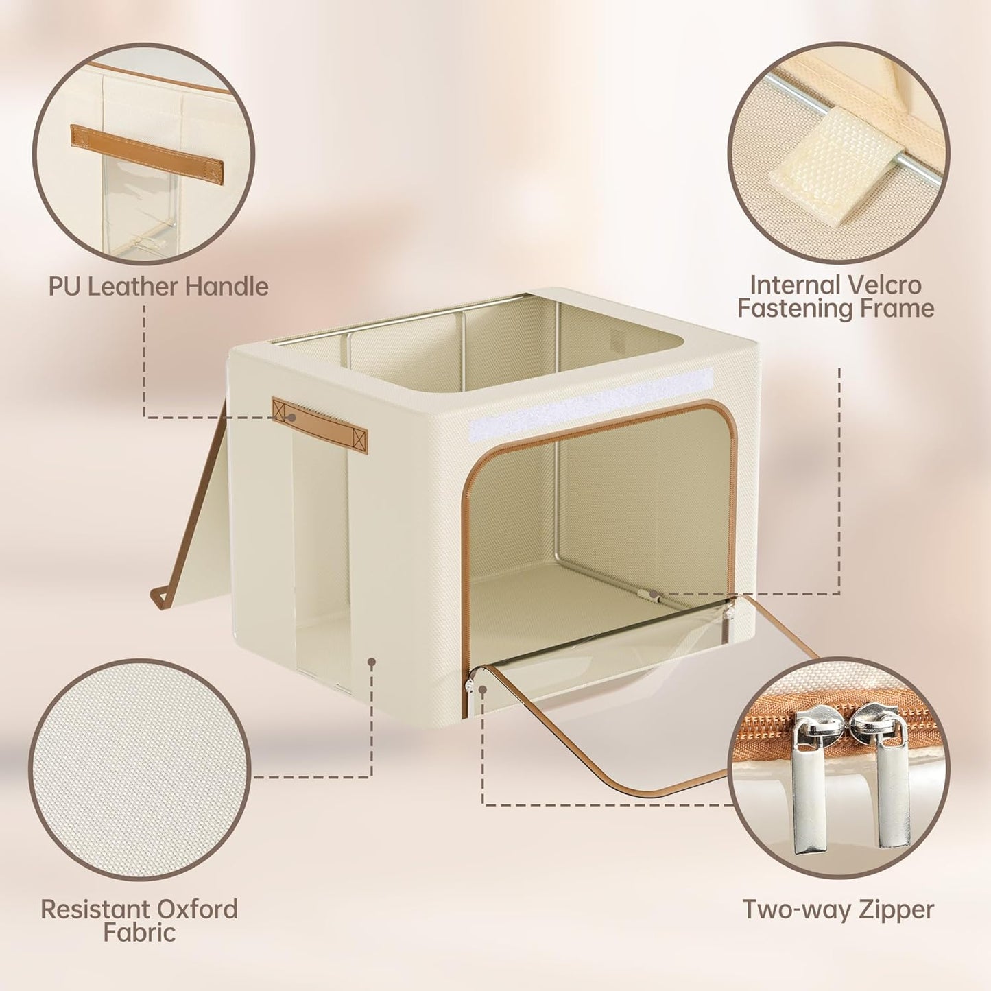 Yecaye Clothes Storage Bins with Metal Frame, Foldable Clothing Storage Bin with Lid, Stackable Oxford Fabric Organizer Box With Clear Window & Zippers & PU Leather Handles (3 Pack,Beige,40L)