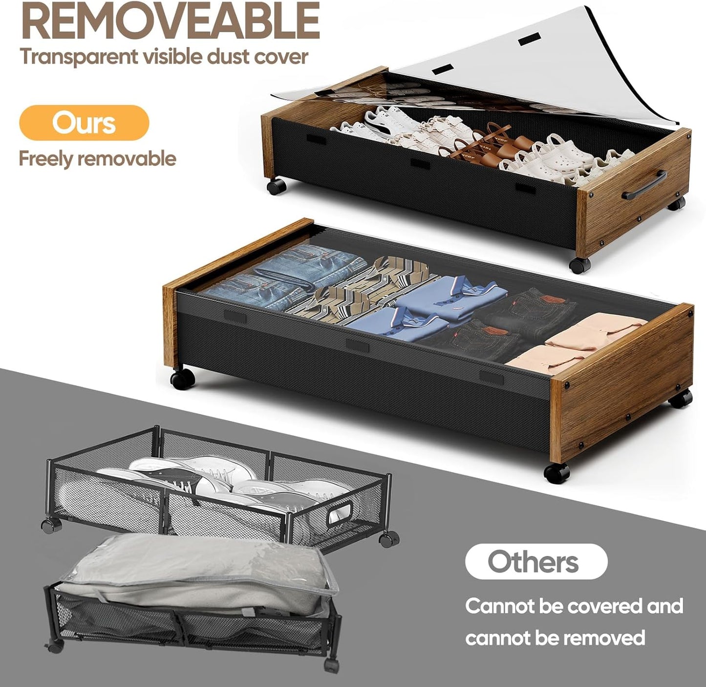 KITHELP Wooden Under Bed Storage with Wheels, Rolling Under the Bed Storage Bins with Removable Lid, Metal Under Bed Drawers for Clothes and Shoes in Bedroom or Living Room(Walnut Brown-2pack)