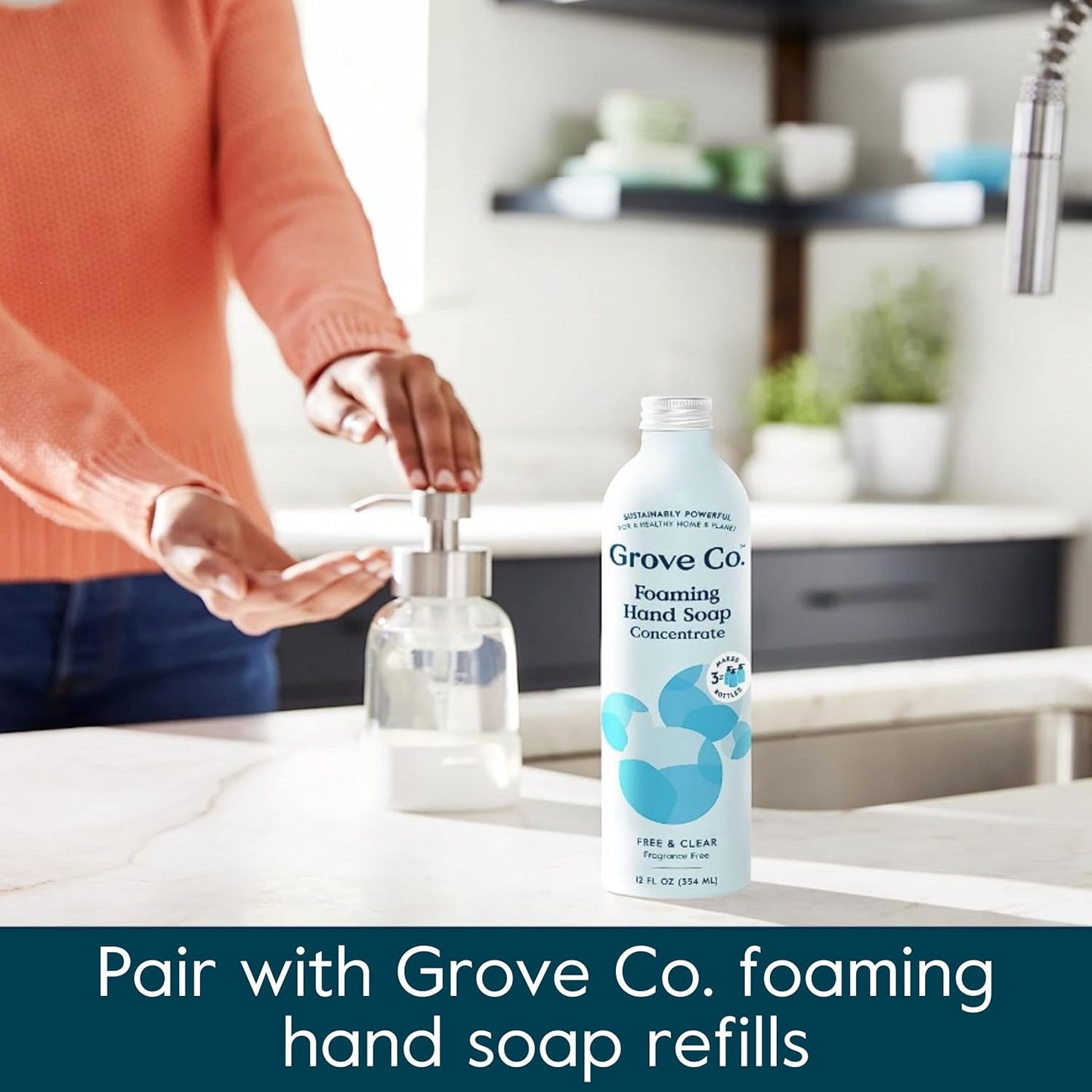 Grove Co. Foaming Soap Dispenser, 2 x Refillable Glass Bottles with Stainless Steel Pump, Reusable Liquid Hand Soap Set for Kitchen or Bathroom, Square Base, Reduce Plastic Waste