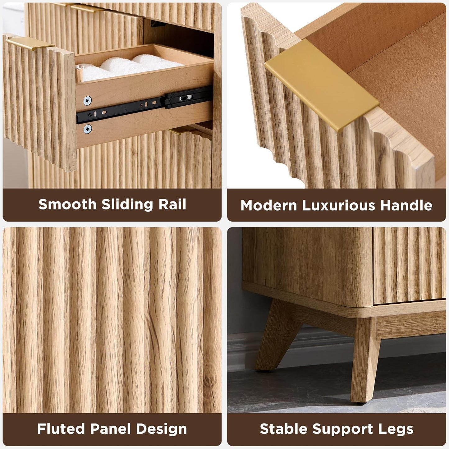 T4TREAM 36" Fluted Bathroom Vanity with Ceramic Sink Combo，Freestanding Modern Bathroom Storage Vanity Cabinet with 2 Soft Closing Doors & 3 Drawers，Wood Grain Texture，Metal Handle，Natural Oak