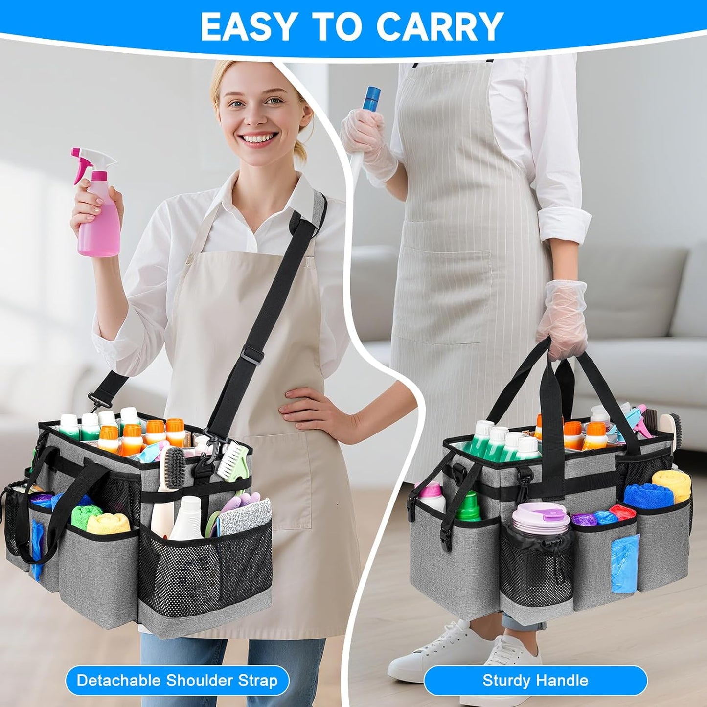 Cleaning Caddy Bag, Cleaning Supplies Organizer for Housekeepers, Housekeeping Caddy with Handle and Detachable Padded Cushion, Gray