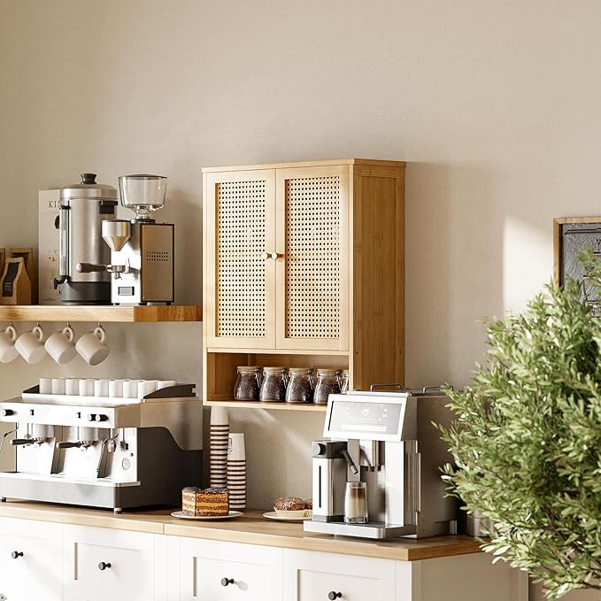 HITNET Bathroom Cabinet Wall Mounted, Rattan Medicine Cabinet, Bamboo Hanging Storage Organizer Over The Toilet with Adjustable Shelf for Living Room, Kitchen, Entryway (Natural)