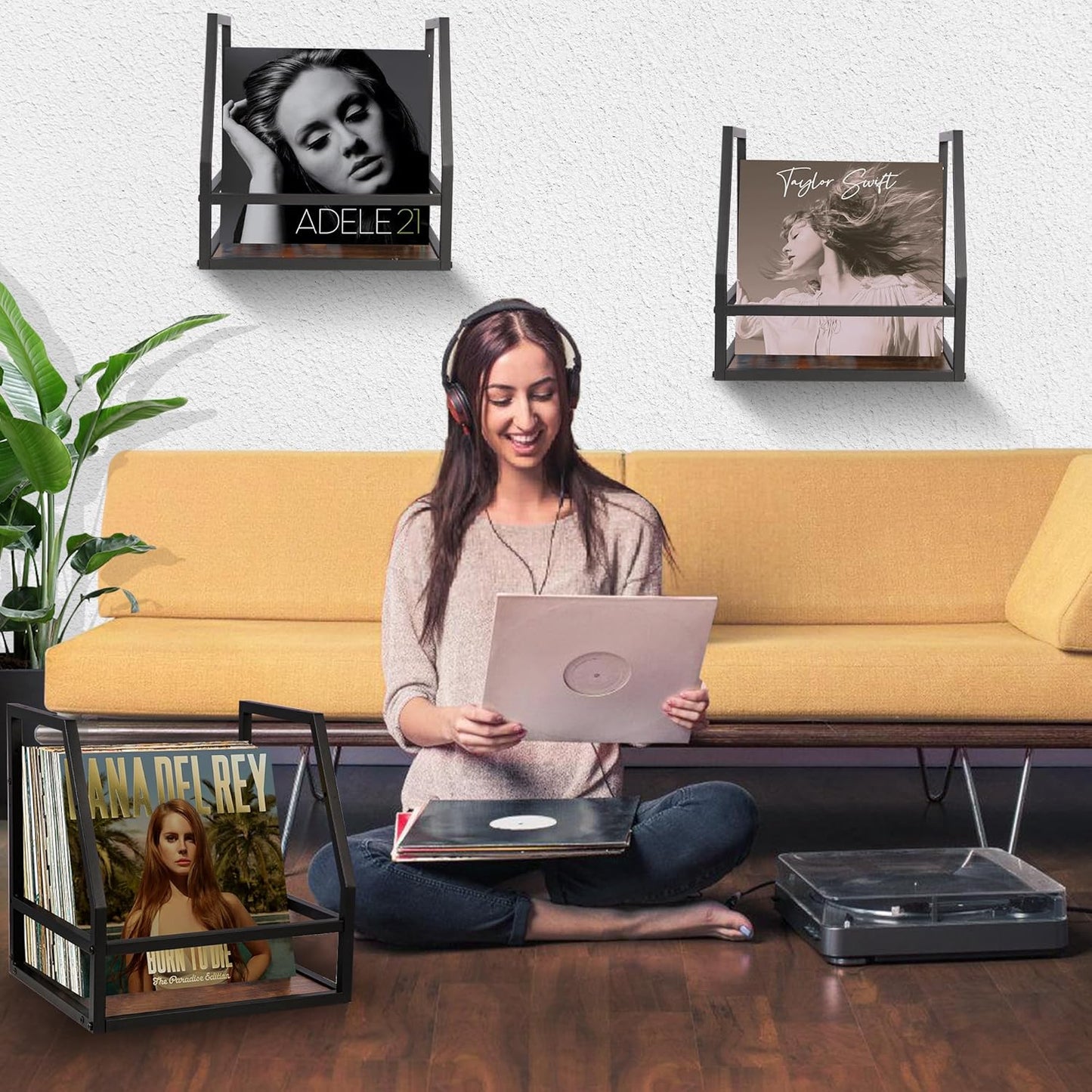 Y&M 2 In 1 Vinyl Record Storage Crate, 2 Pack Wood LP Holder, Wall Mount or Desktop Metal Album Organizer, Holds 80+ Records, Multifunctional Stackable Magazine Display Shelf, Brown