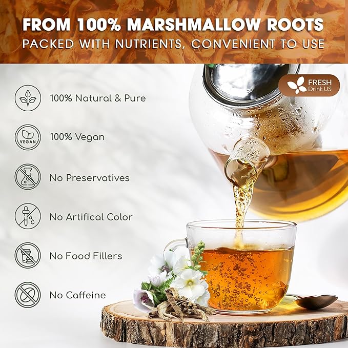 FreshDrinkUS, Premium 55 Marshmallow Root Tea Bags, 100% Natural & Pure from Marshmallow Root, Eco-Conscious Tea Bags, Herbal Tea. No Sugar, No Caffeine, No Gluten, Vegan.