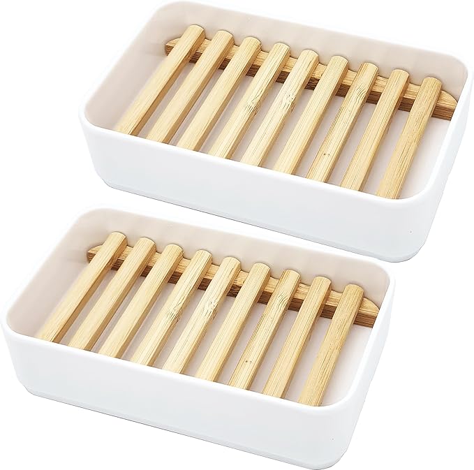 Soap Dish Holder, 2 Pack Bamboo Self-Draining Soap Box, Soap Dishes Holder for Shower, Bathroom, Kitchen, Bathtub, Bar Sink (White, 2 Pack)
