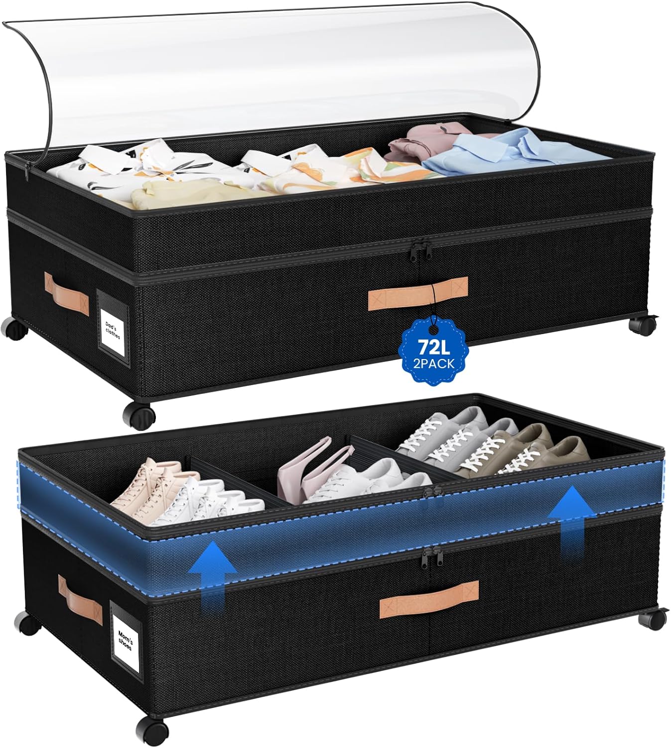 Under Bed Storage with Wheels, 72L XXL Under the Bed Storage Containers Large, 10‘’ Tall Adjustable Storage for Underbed with Lids, Rolling for Shoes, Clothes, Blankets, Black