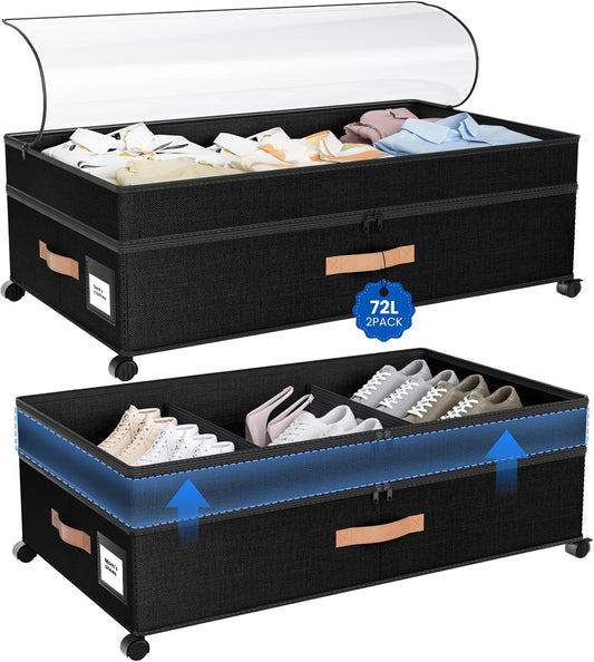 Under Bed Storage with Wheels, 72L XXL Under the Bed Storage Containers Large, 10‘’ Tall Adjustable Storage for Underbed with Lids, Rolling for Shoes, Clothes, Blankets, Black