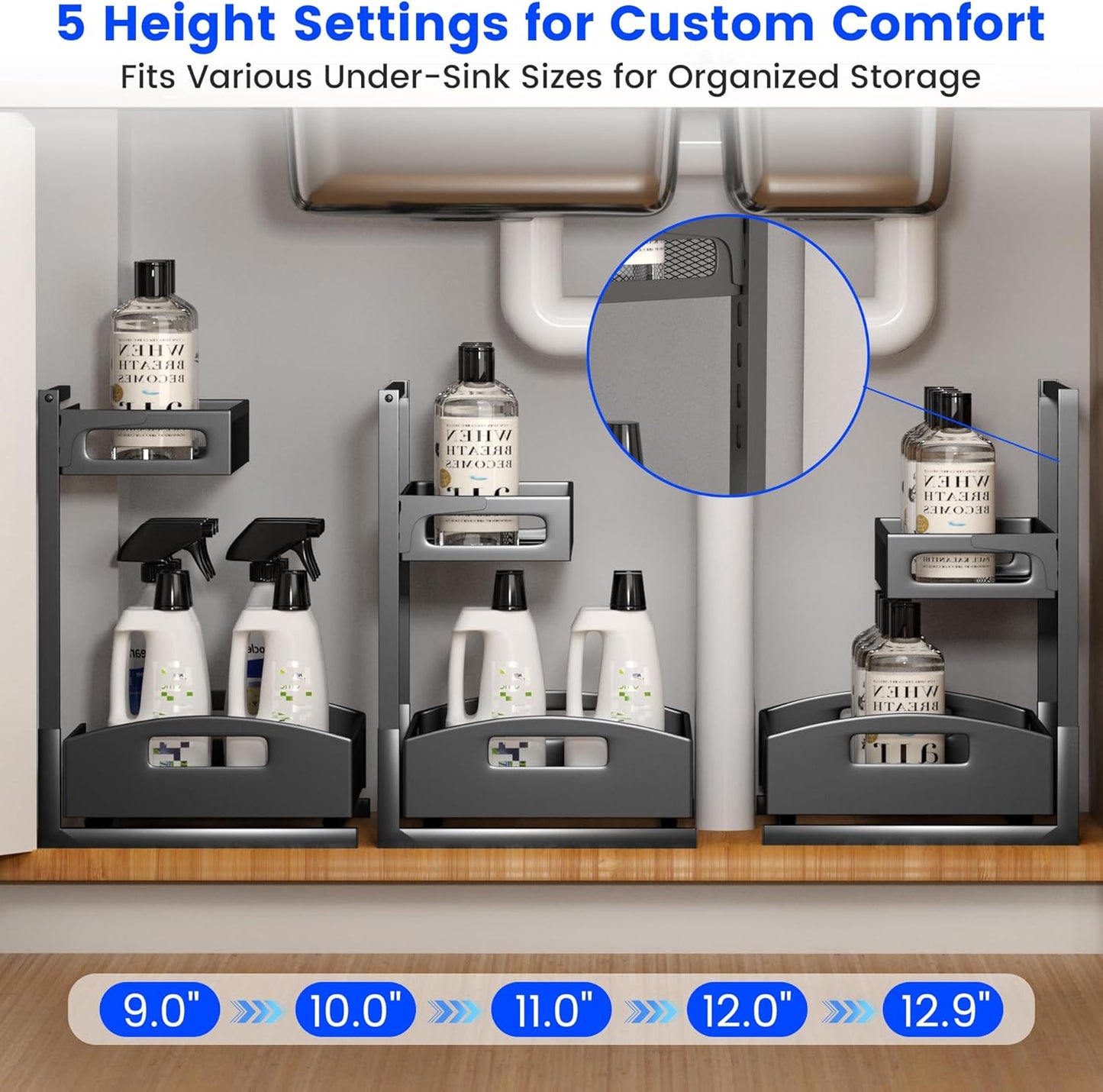 Under Sink Organizer,2 Pack Height Adjustable Under Sink Organizers and Storage, 2 Tier Under Sink Storage for Kitchen Bathroom Cabinet