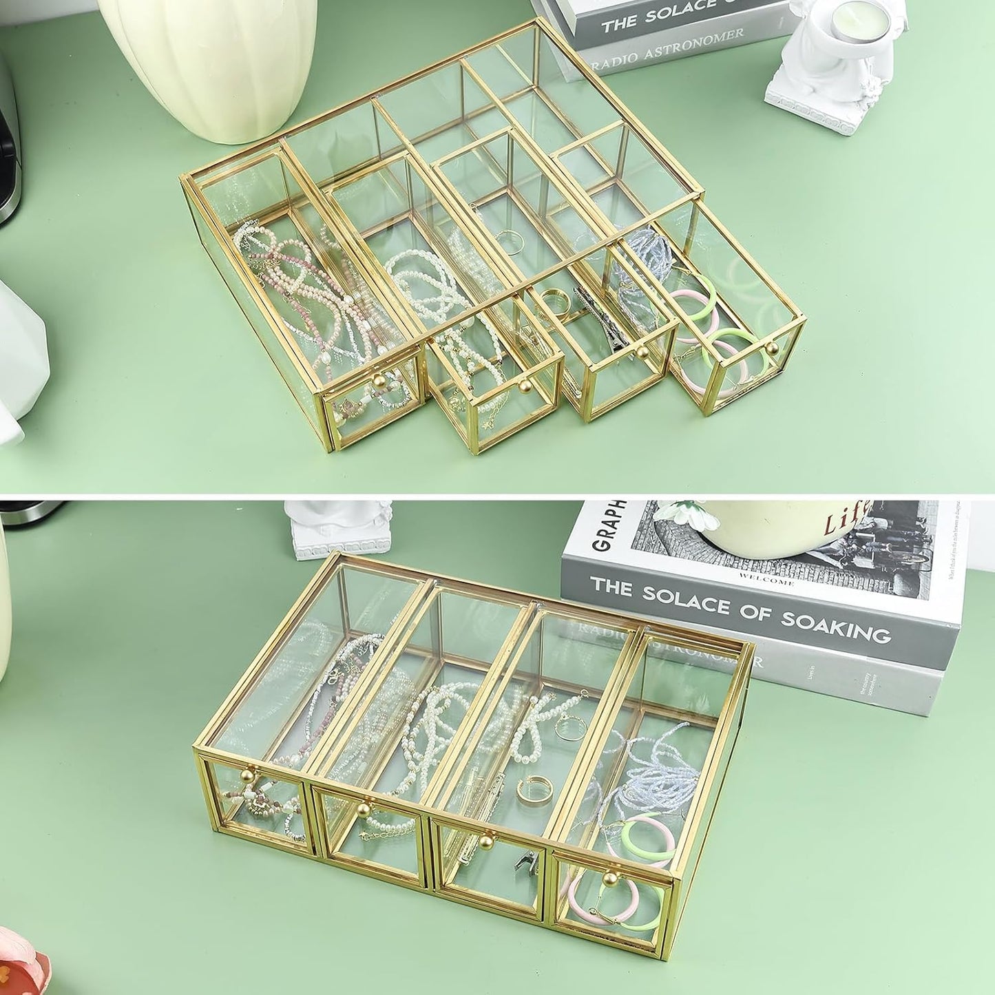 HighFree Gold Glass Coffee Pod Organizer with 4 Drawers, Clear Storage Glass Box for K-Cups, Tea Bags, Sugar Packets, Counter Top Collection Display Holder for Home, Office