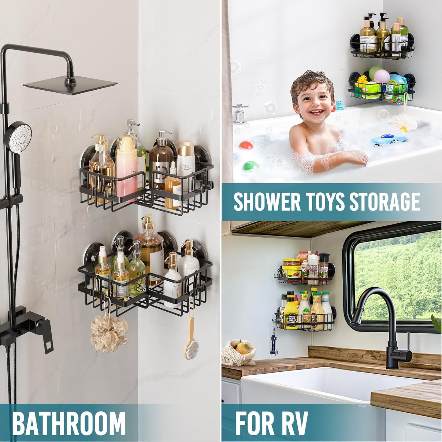 TAILI 2 Pack Corner-adaptive Suction Cup Shower Caddy, Stainless Steel Rustproof Corner Shower Shelves, Large Capacity, Removable Suction Cup Bathroom Organizer, Drill-Free Wall Mounted Baskets, Black