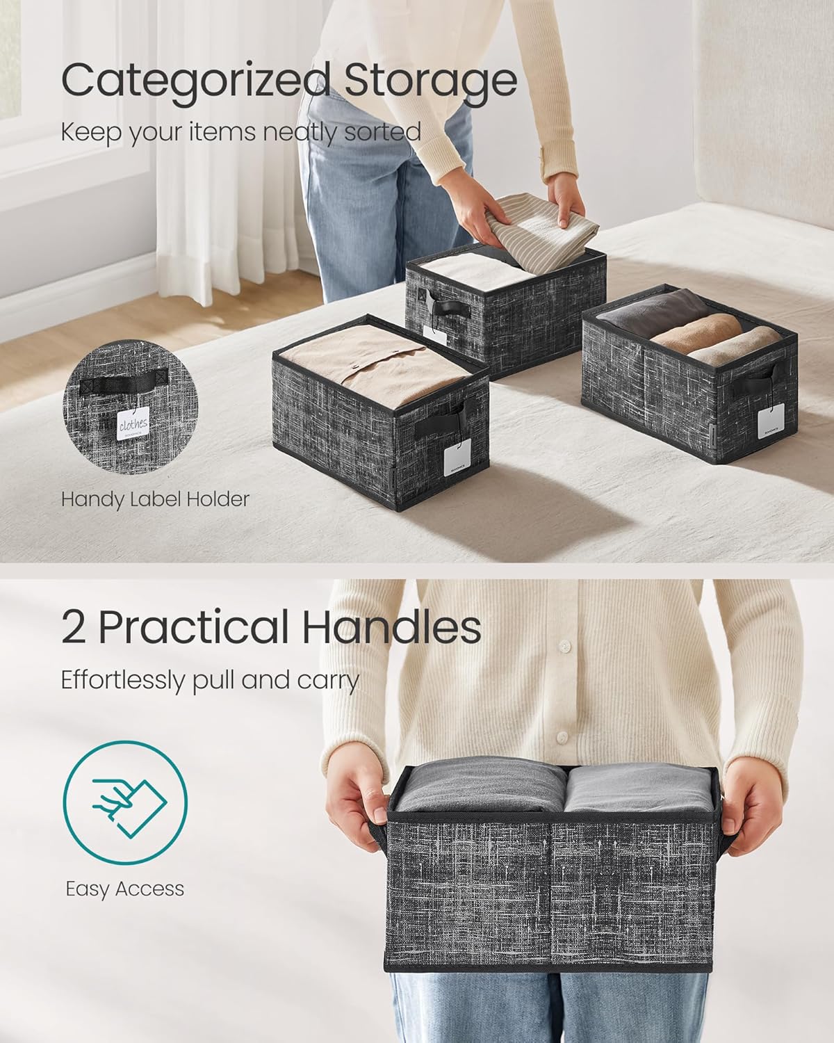 SONGMICS Storage Cubes, 11.8 x 7.9 x 5.9 Inches Non-Woven Fabric Bins with Double Handles, Set of 3, Closet Organizers for Shelves, Foldable, for Clothes, Ink Black UROB415B01