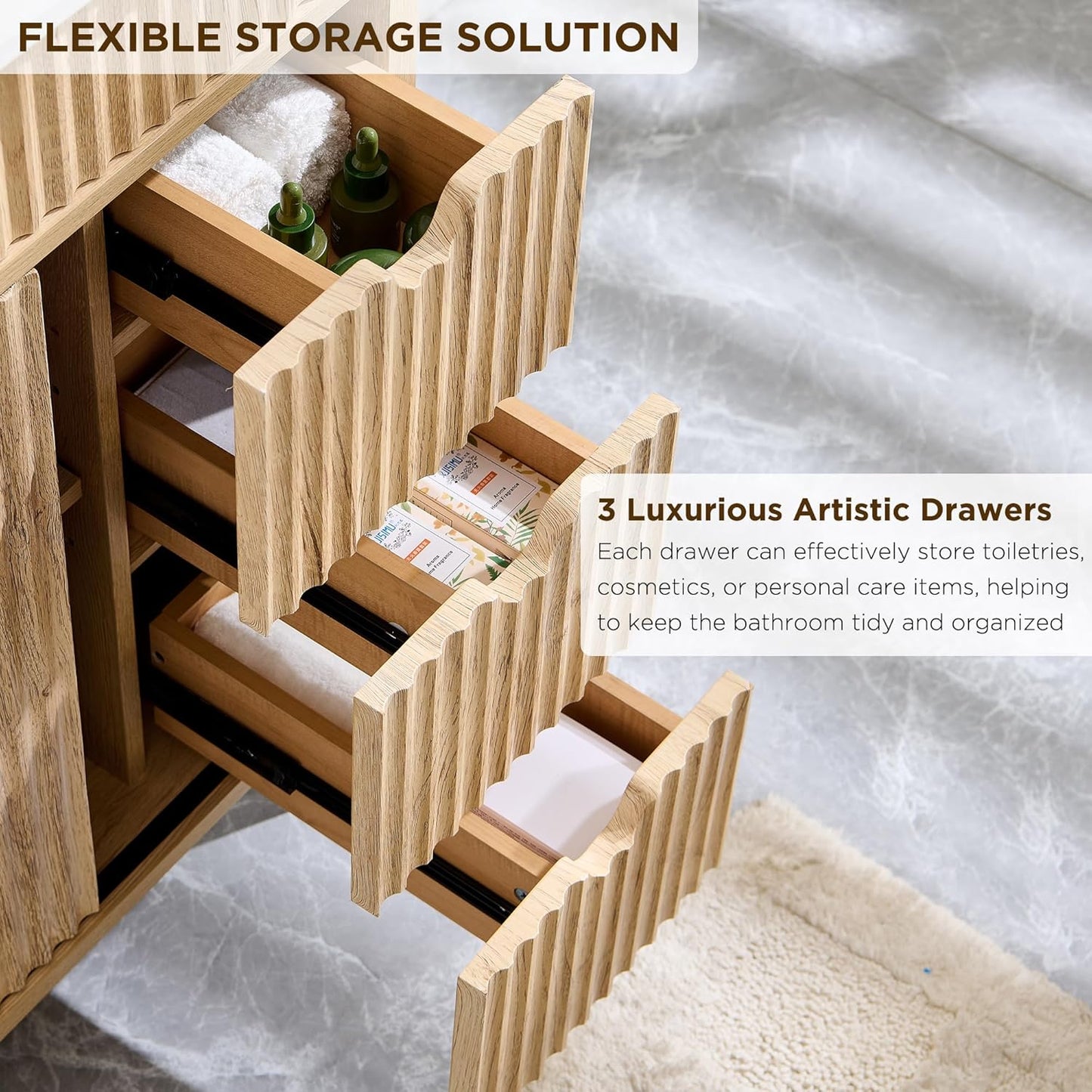 T4TREAM 24" Fluted Bathroom Vanity with Ceramic Sink Combo，Freestanding Small Modern Bathroom Storage Vanity Cabinet with Sliding Door & 3 Drawer，Wood Grain Texture，Metal Handle，Natural Oak