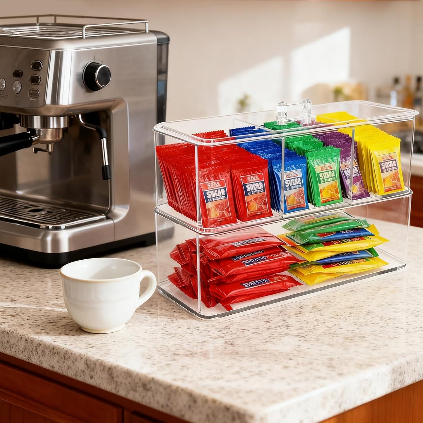 Sugar Packet Holder for Coffee Bar, Plastic Packet And Tea Bag Organizer, 1tier 3-Section And A Rectangular With Lid for Tea Bags Holder for Pantry, Cabinet, Countertop & Coffee Station