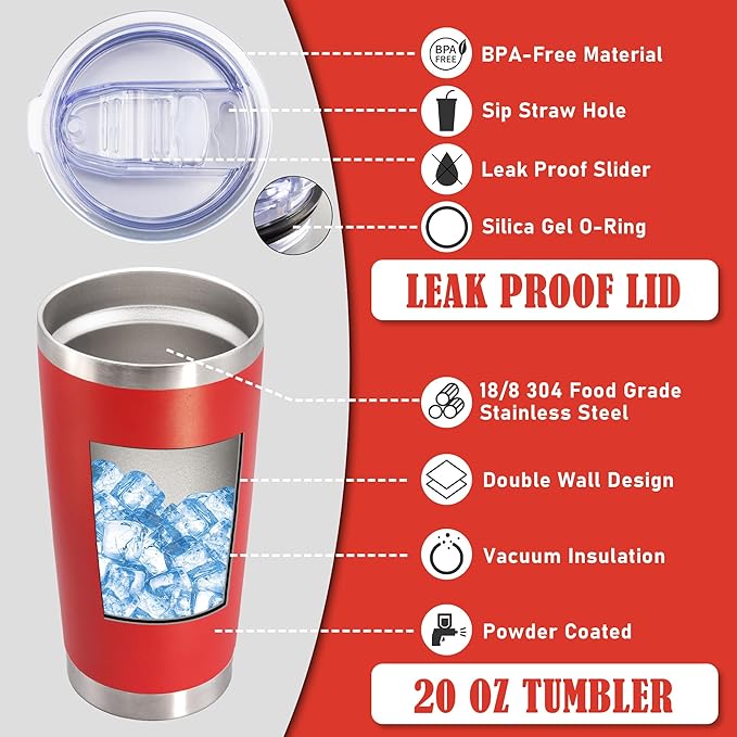 20 oz Tumbler Coffee Travel Tumblers Bulk with Lid Stainless Steel Double Wall Vacuum Insulated Mug Powder Coated Cups fit Car Cupholder for Hot and Cold - Red, 1Pack