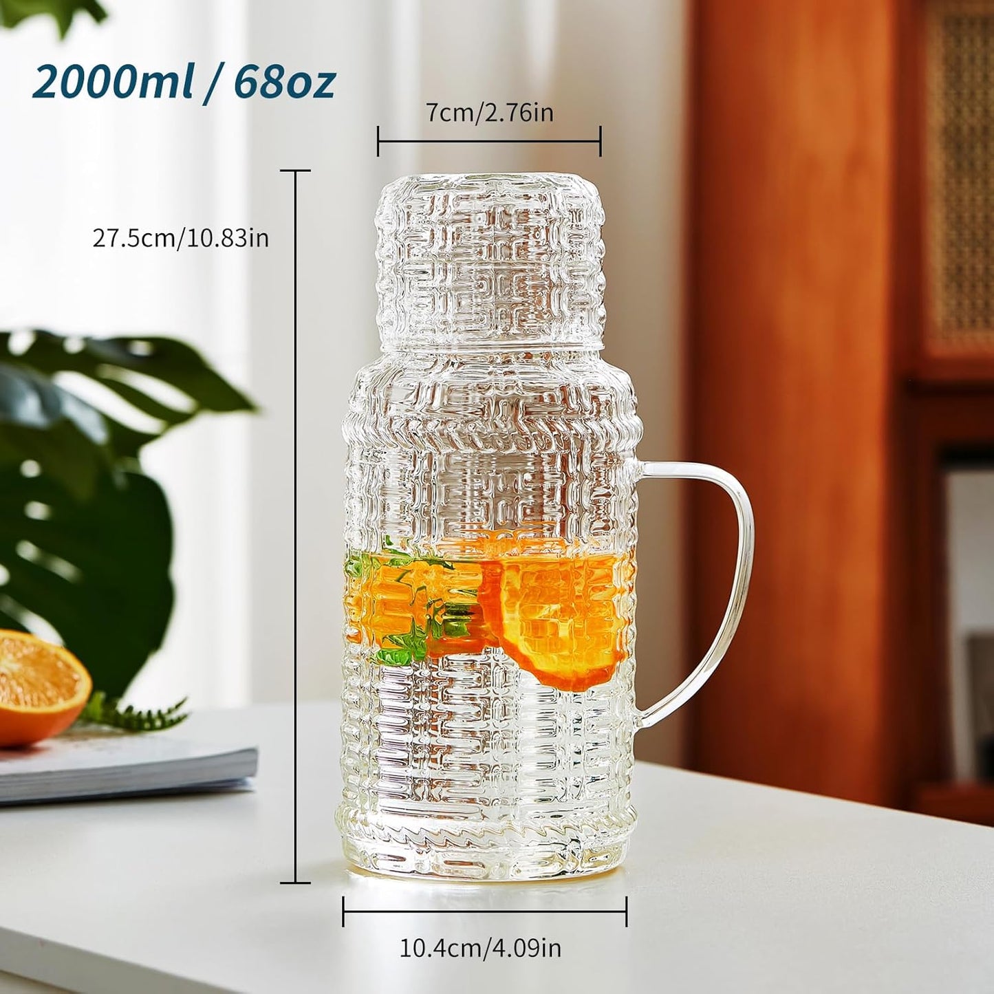 68OZ Glass Pitcher with Lid and Spout, Water Jug, 2000ml Carafe for Hot/Cold Water, Large Iced Tea Pitcher for Coffee, Juice and Homemade Beverage (Textured)