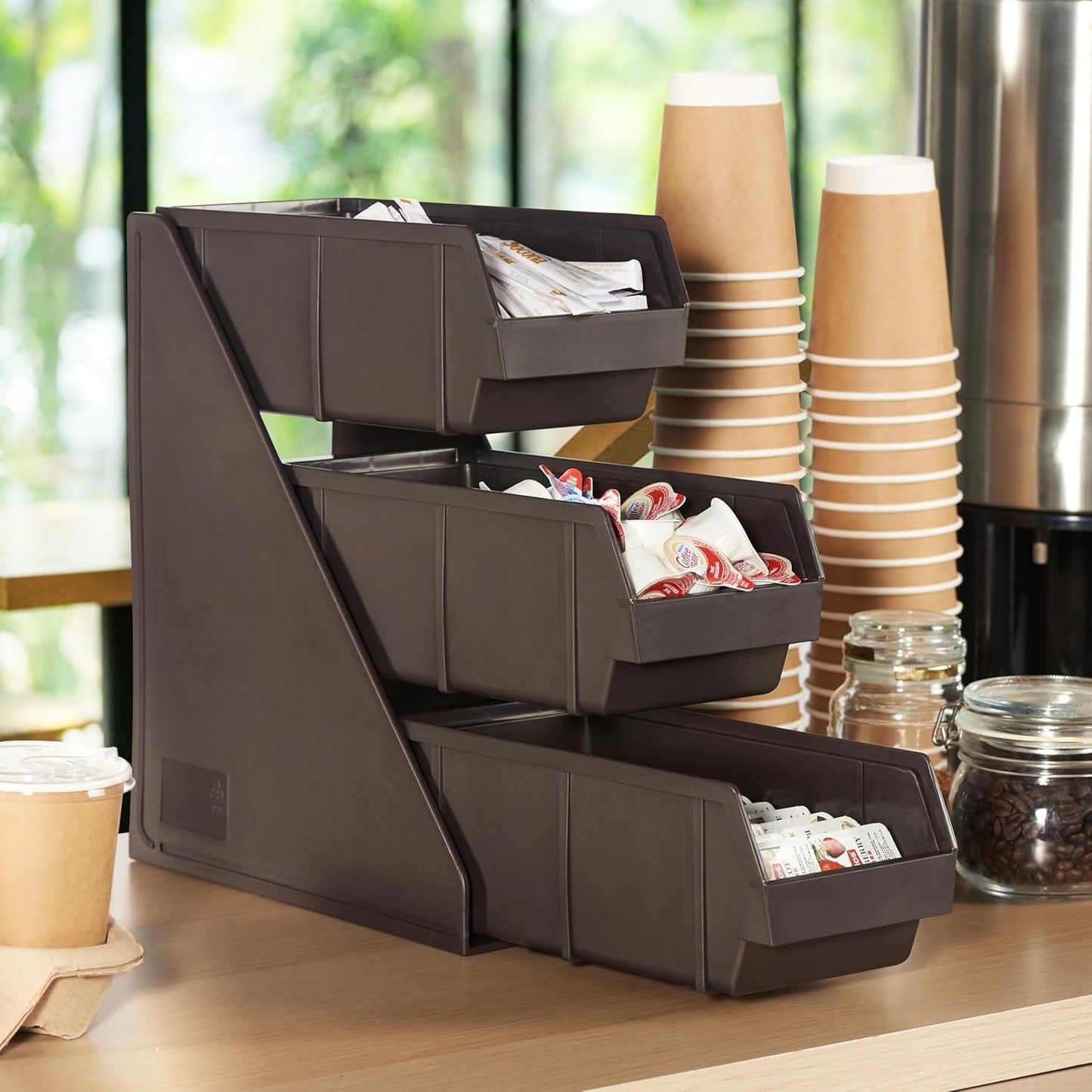 CURTA Brown Self Serve Condiment Bin Stand Set, 3-Tier Stand with 6 Bins, 20" D x11.5" W x 14" H, Coffee Bar Beverage Station