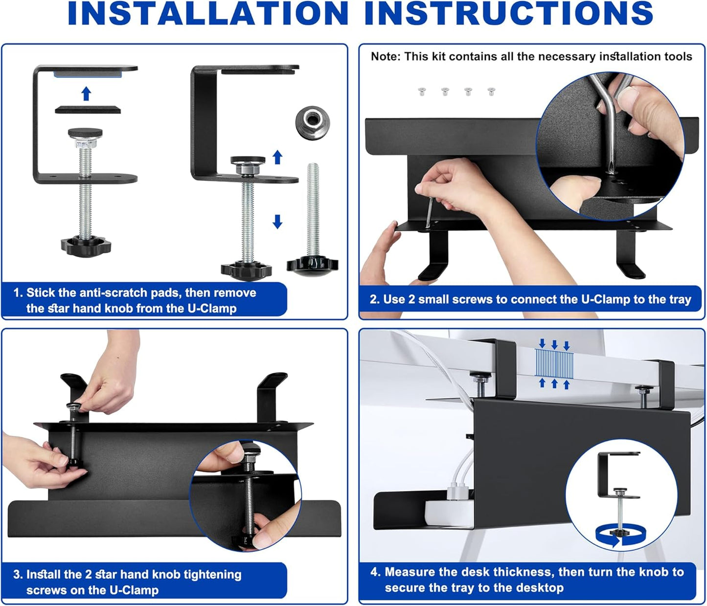 ZhiYo Steel 15.8in Cable Management Under Desk Tray, XL Clamp-On Under Table Cable Tray, No Drill Cord Hider Organizer for Desk, Wire Management Raceway, Black, W4.9in x H5.9in