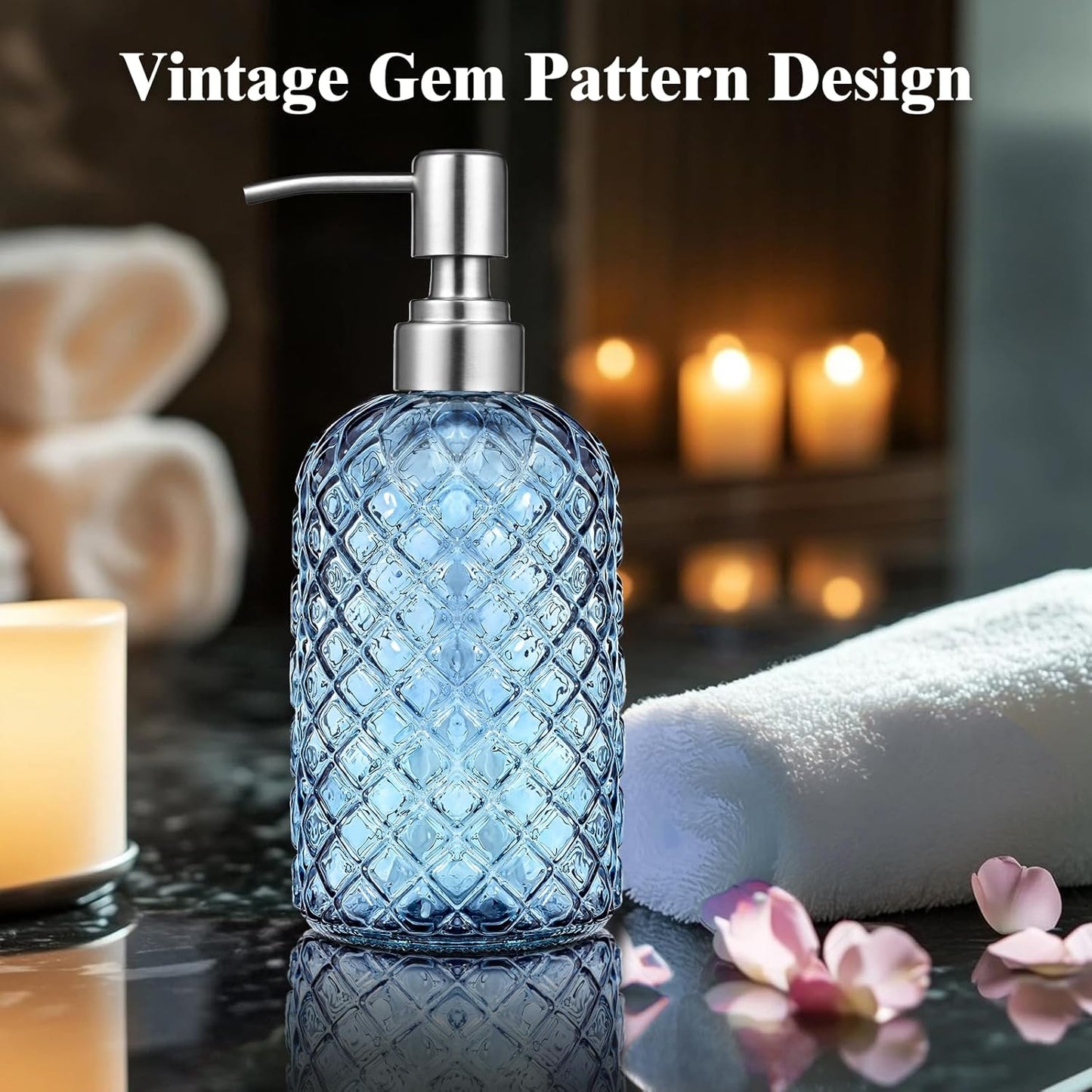 Blue Glass Soap Dispenser Gem Patterned with 304 Stainless Steel Pump 18 oz for Kitchen Dish Soap and Bathroom Hand Soap Bottle