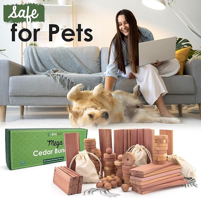 ecoKiwi Cedar Blocks for Clothes Storage Mega Bundle Box - Cedar Hangers x20, Balls x75 & Rings x55-100% Natural Oil Planks & Chips for Closets & Drawers - Aromatic Red Cedar Wood with Sandpaper