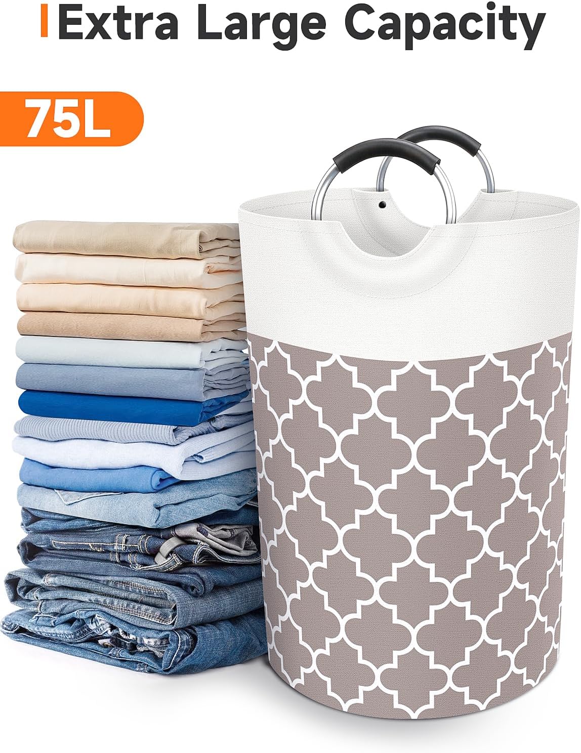 Large Laundry Basket Laundry Hamper Bag Washing Bin Clothes Bag Collapsible Tall With Handles Waterproof Travel Bathroom College Essentials Storage For College Dorm, Family (Khaki)75L