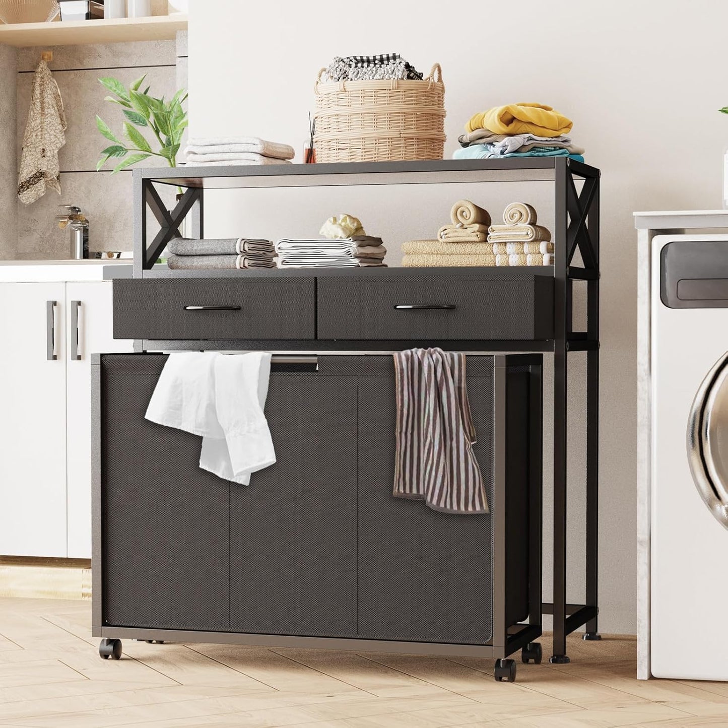 Laundry Hamper 3 Section, 150L Rolling Laundry Sorter Basket with 2 Shelves and 2 Drawers, 3 Compartment Clothes Organizer Cart with Wheels, Pull-Out Bags for Laundry Room, Bathroom, Bedroom