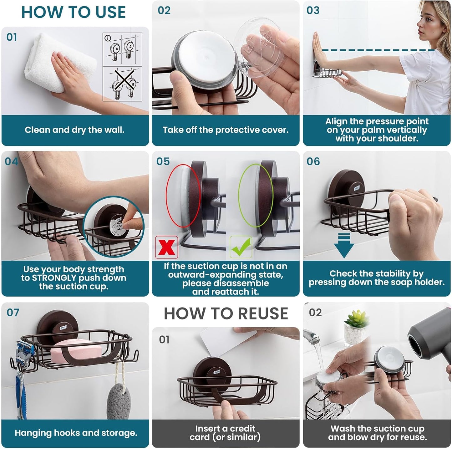 TAILI Soap Bar Holder Dish with Hooks, Shower Soap Tray Saver Suction Cup with Razor Holder for Wall, Rustproof Stainless Steel Bath Shampoo Caddy for Bathroom Accessories Organizer,Brown