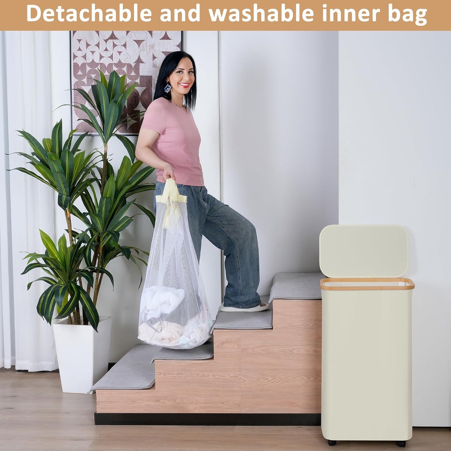 75L Laundry Basket with Wheels,Clothes Hamper for Laundry,Laundry Hamper with Lid and Inner Bag, for Laundry Room, Bedroom, Dormitory Storage,Pink