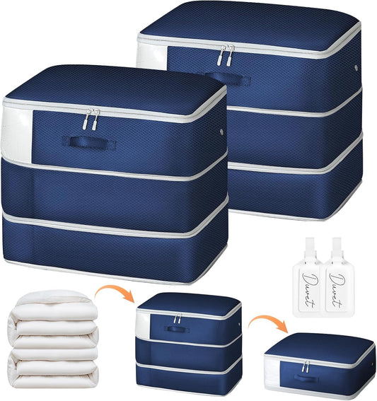 Comforter Storage Bag - Large Capacity Blanket Storage Bags 3-Layer Ultra Space Saving Self Compression Organizer, Washable Compression Bags for Storage Comforter Blanket, 2-Pack, Navy Blue