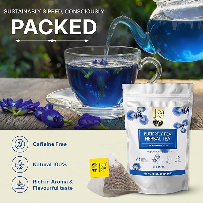 Tealeaf & Co. Butterfly Pea Herbal Tea Bags Blended with Fresh Herbs - Herbal Tea with Butterfly Pea Flower - Contains Low Caffeine - Gluten Free - 50Teabags (3.52oz/100gm)