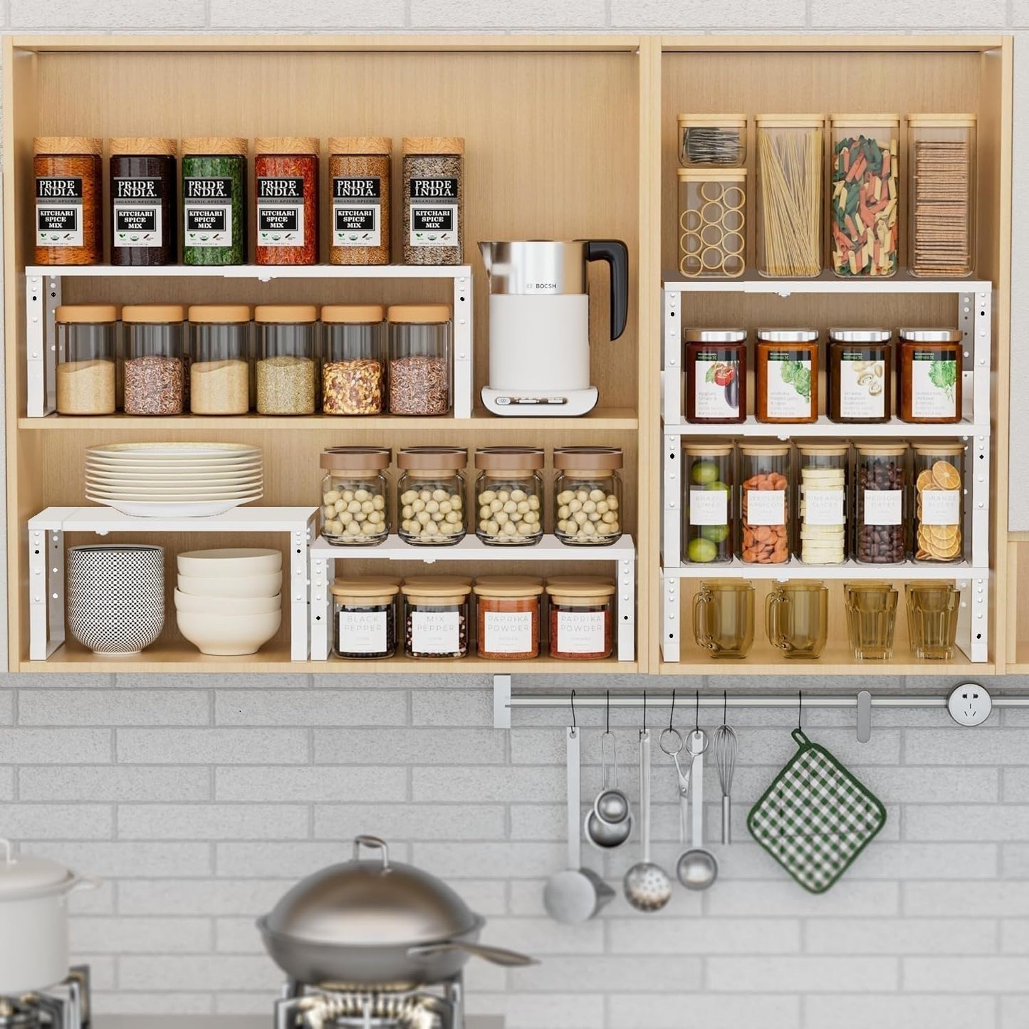 Expandable Spice Rack Organizion for Kitchen Cabinet, Seasoning,Bathroom Organizer Display Shelf, Stackable Multi-Purpose Shelves.Easy-to-Install（2Packs/White,Medium