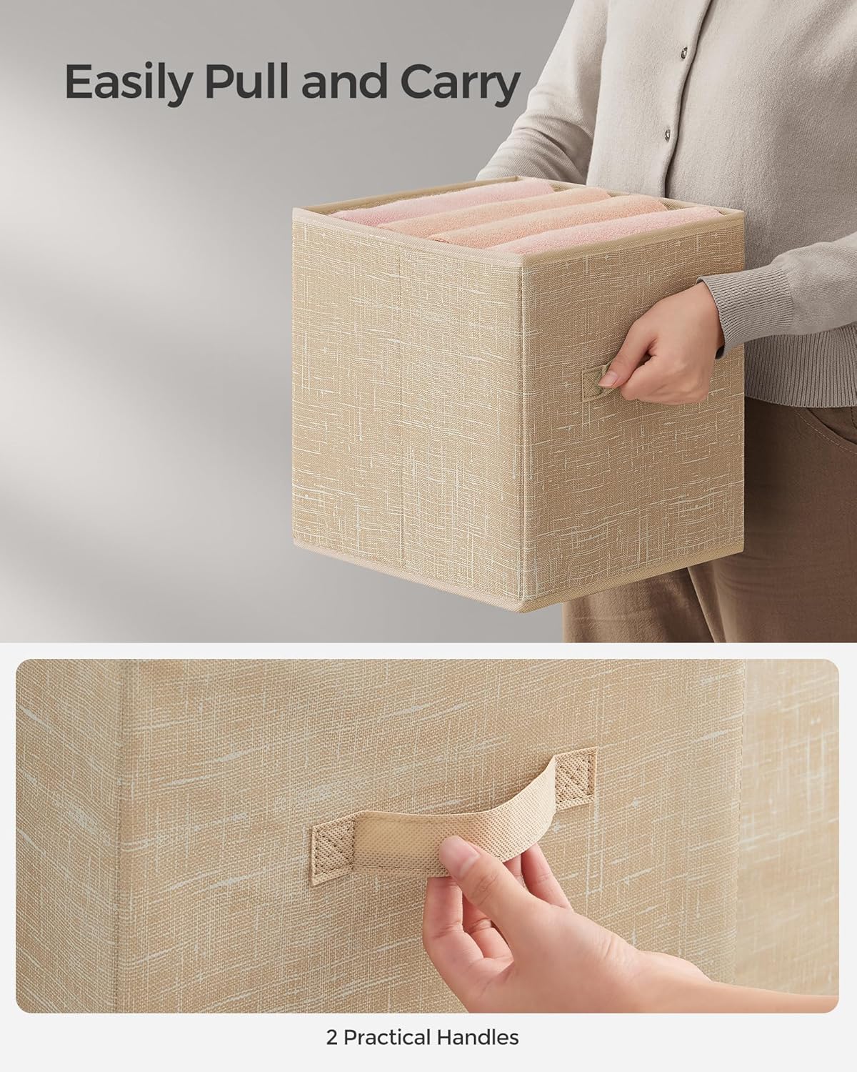 SONGMICS Storage Cubes, 13 x 13 x 13 Inches Non-Woven Fabric Bins with Double Handles, Set of 8, Closet Organizers for Shelves, Foldable, for Clothes, Sand Beige UROB833K03