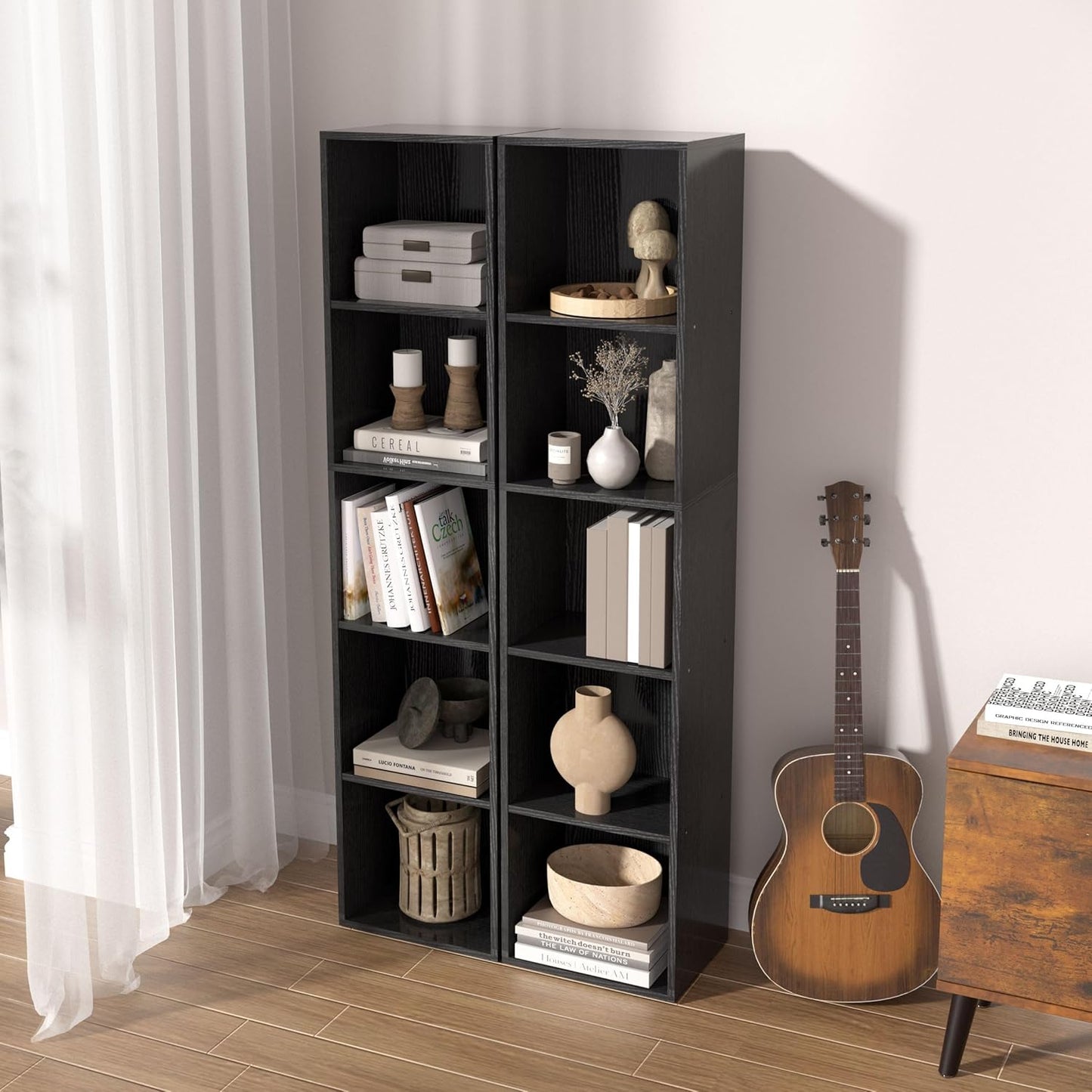 Wooden 5 Cube Storage Organizer, 5 Tier Storage Cubes Storage Display Cubby, 52 Inch Tall Versatile Cubes Shelf and Cubby Organizer for Any Space (Black, 5 Cube-W(11.8inch)