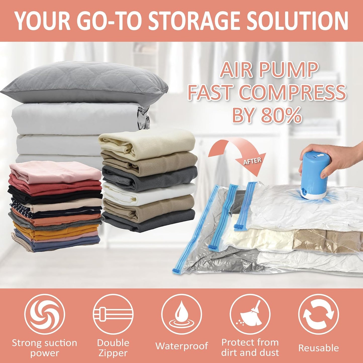 Cozy Essential 16 Pack Vacuum Storage Bags with Electric Pump, Vacuum Seal Space Saver Bags for Clothing, Pillows, Blanket, Bedding, Comforters