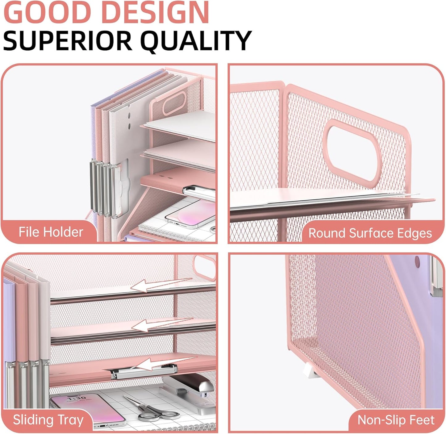 SUPEASY Desk Organizer with File Holder, 5-Tier Mesh Paper Letter Tray with Magazine Holder, Desktop Organizer and Storage for Desk Accessories Office Supplies, Pink