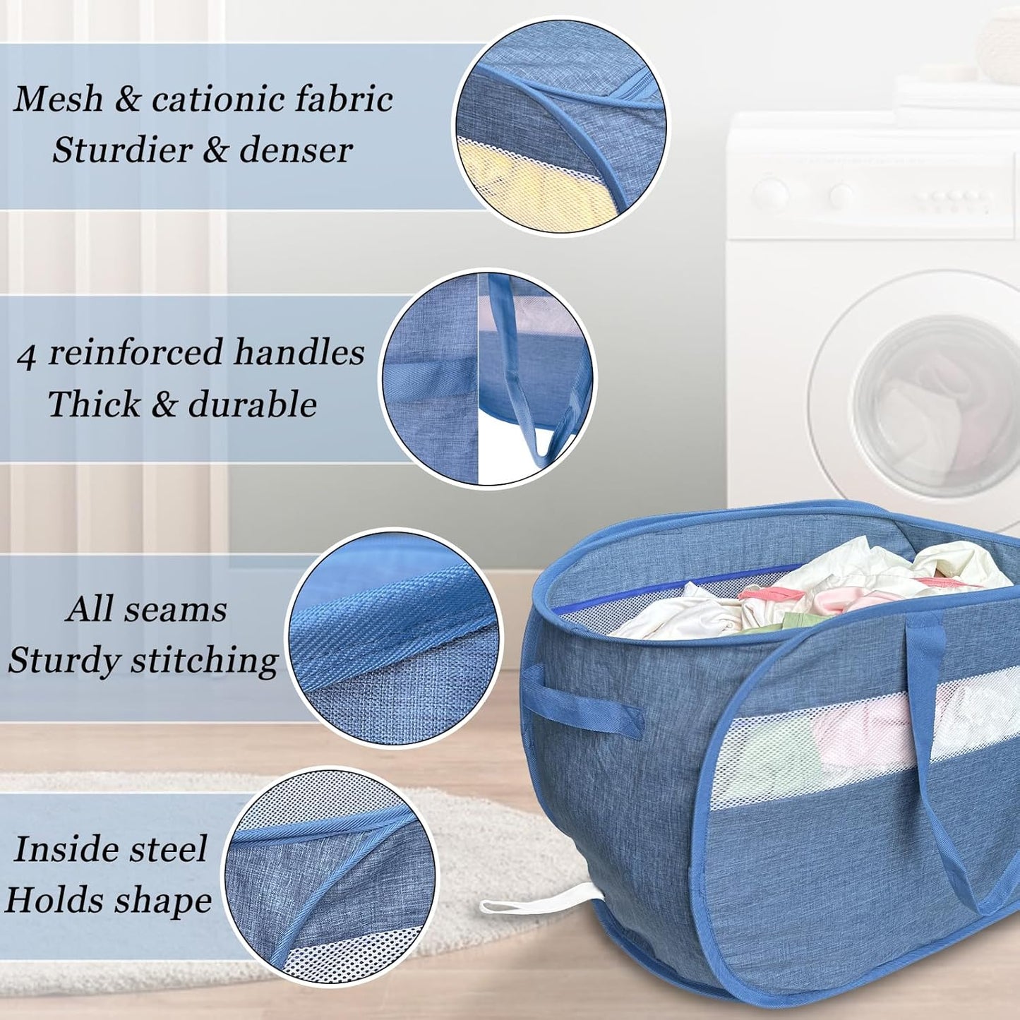 100L Mesh Pop Up Laundry Hampers with Handles, Extra Large Collapsible Laundry Baskets 2 Pack, Portable Travel Laundry Basket, Dirty Clothes Hamper Light Breathable, Bule. 2H