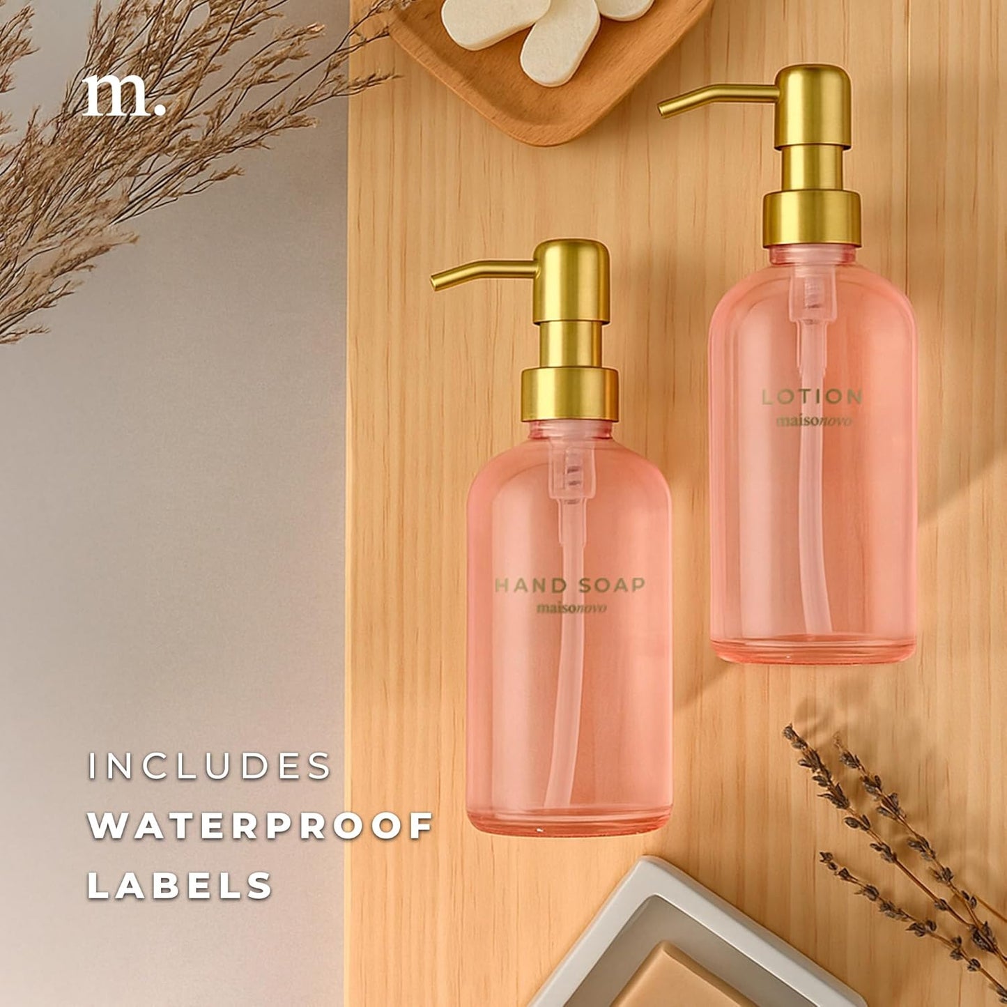 MaisoNovo Soap Dispenser 2-Piece Set | 16.9oz Pink Bottles with Gold Stainless Steel Pumps