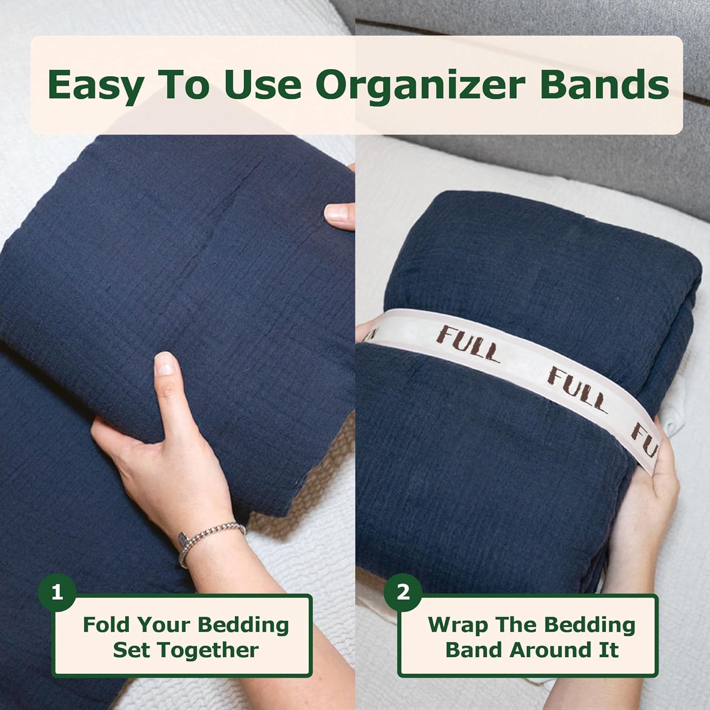 ECOHomes Bed Sheet Organizer and Storage Size Label Bands | Bed Sheets Set Organizers for Linen Closet Organization - Elastic Bedding Band Labels for Organizing Bedsheet (Full 2PCs Pack | Cream)