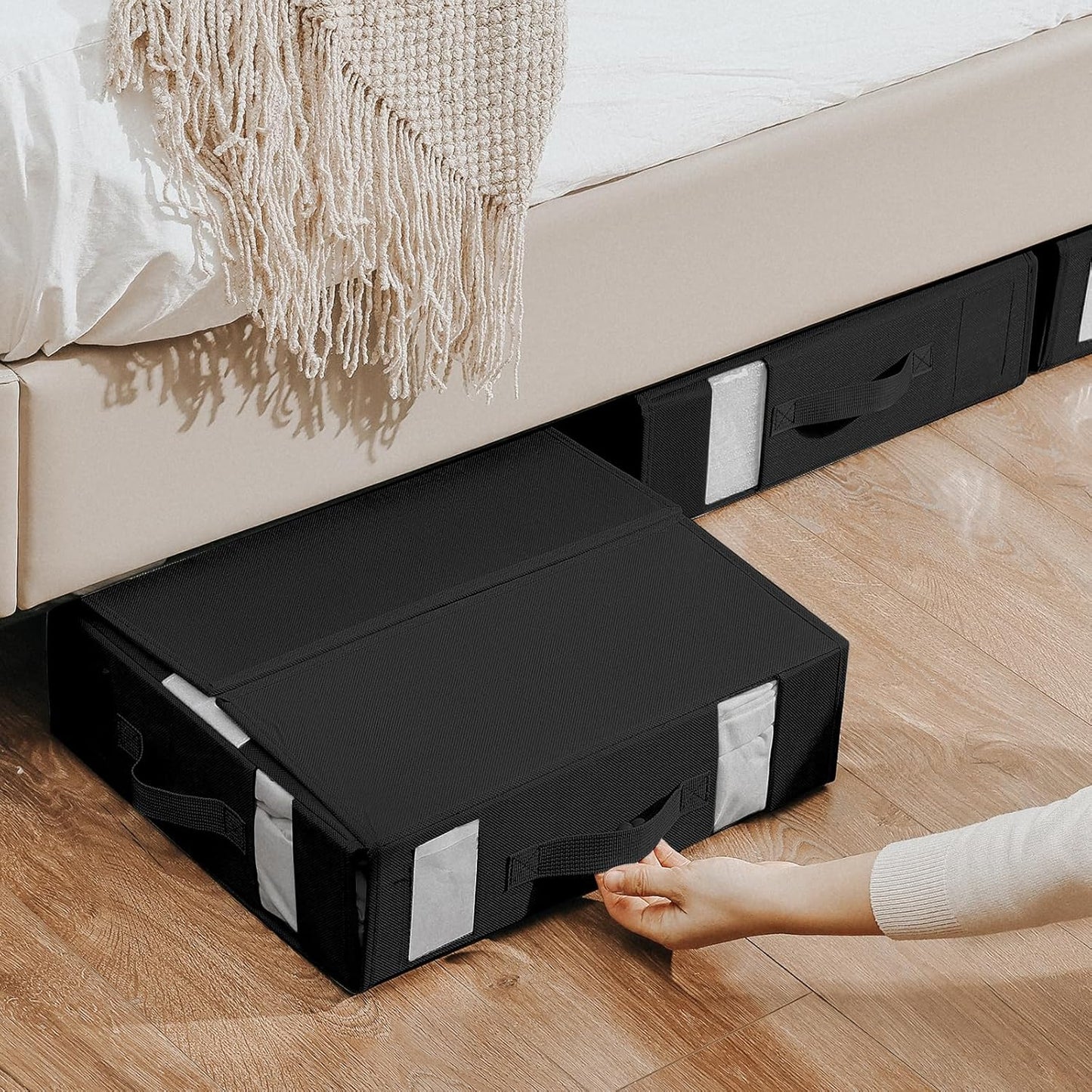 DIMJ Bed Sheet Organizers 6 Pack, Folding Sheet Bedding Storage Organizer, linen closet organizer with Window Handle (Queen or King Size) for Bed Sheets Duvet Covers Pillowcases.(Black), 6pack