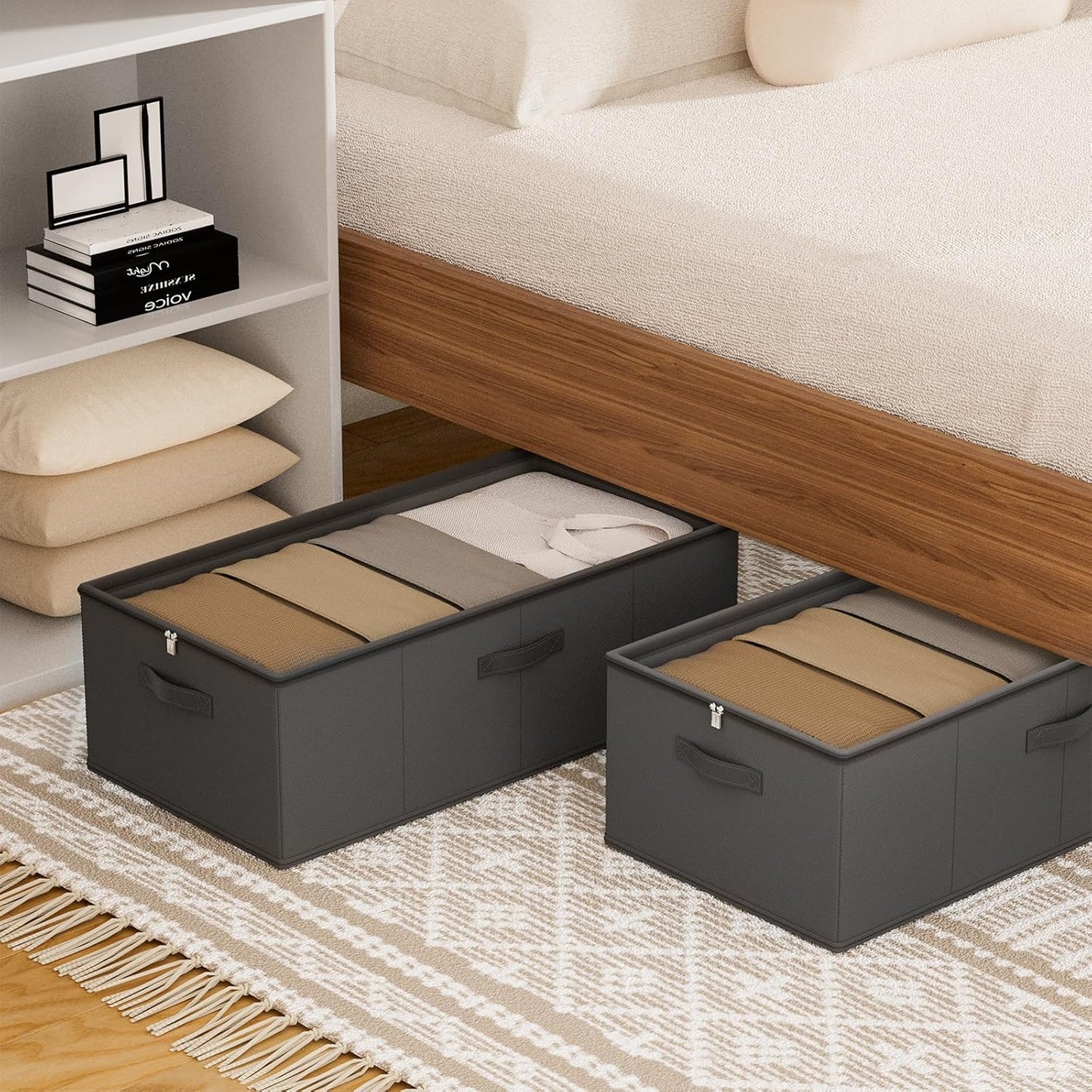 2 Pack Under Bed Storage Containers, 10 Inch Tall Underbed Clothes Storage Organizer Bin with Clear Window，Foldable Box Basket for Clothes, Closet, Bed Sheets and Blankets Black