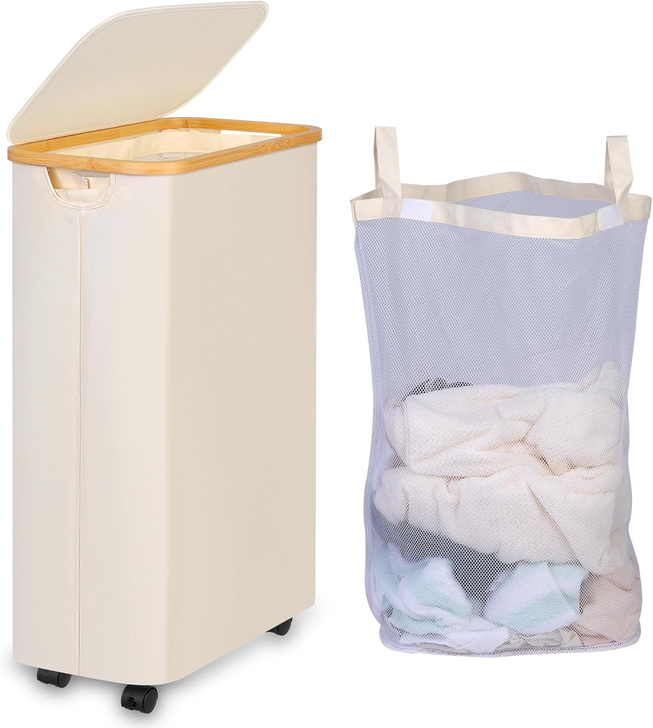 75L Slim Laundry Hamper with Wheels,Clothes Hamper for Laundry,Laundry Basket with Lid & Inner Bag,for Laundry Room, Bedroom, Dormitory Organization,Beige