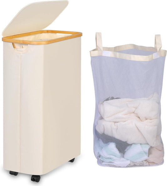 75L Slim Laundry Hamper with Wheels,Clothes Hamper for Laundry,Laundry Basket with Lid & Inner Bag,for Laundry Room, Bedroom, Dormitory Organization,Beige