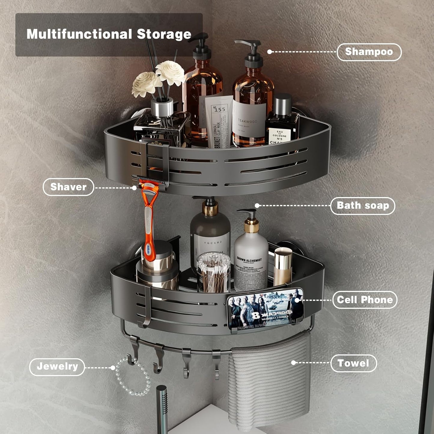 Voldra 2 Pack Corner Shower Shelves, Aluminum Stick On Showers Organizer, Modern Style, Triangular Corner Shelf, No Drilling Required