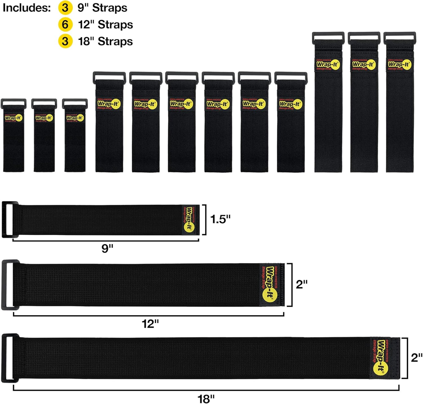 Super-Stretch Wrap-It Storage Straps (Assorted 12 Pack) - Elastic Cinch Straps - Extension Cord Organizer, Hose, Rope and Cable Strap, Cord Wrap, Cord Keeper, Garage and RV Organization