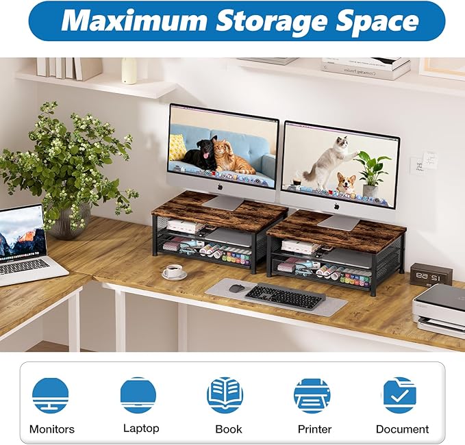 OPNICE Computer Monitor Stand Riser, Desk Organizers and Accessories with Drawer, Laptop Stand, Office Desk Accessories & Workspace Desktop Organizers Storage for Office Supplies(Brown)