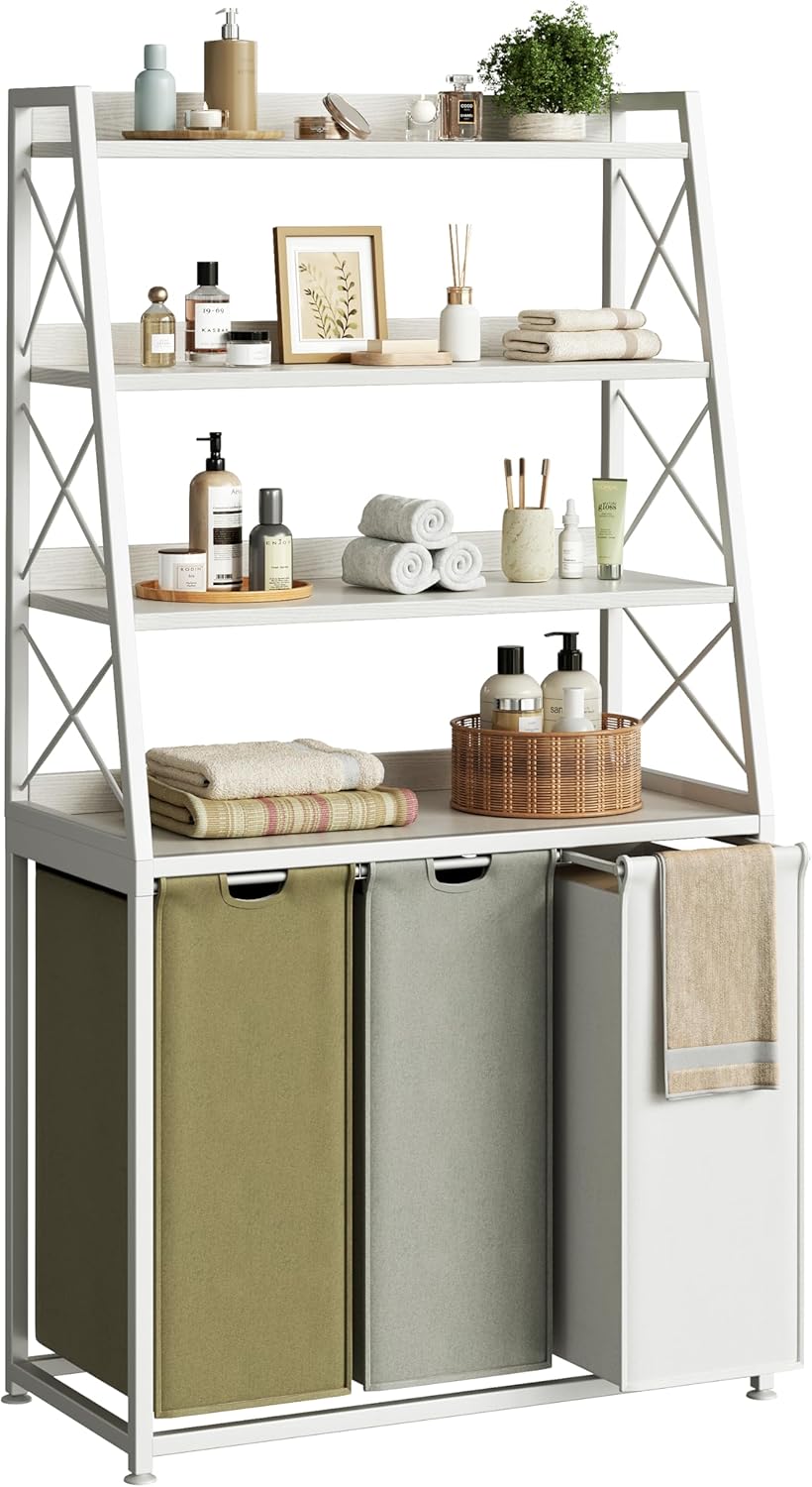 Laundry Basket, 3 Section Laundry Hamper with 4 Tiers Shelf, Pull-Out and Removable Laundry Bags, Large 3 x 15.87 Gallons, 3 Color Bags for Laundry Room Bathroom White PF05XLE