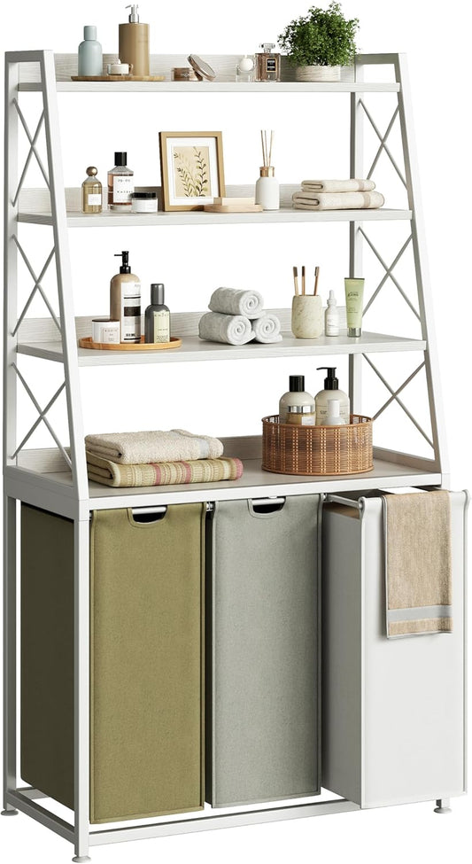 Laundry Basket, 3 Section Laundry Hamper with 4 Tiers Shelf, Pull-Out and Removable Laundry Bags, Large 3 x 15.87 Gallons, 3 Color Bags for Laundry Room Bathroom White PF05XLE