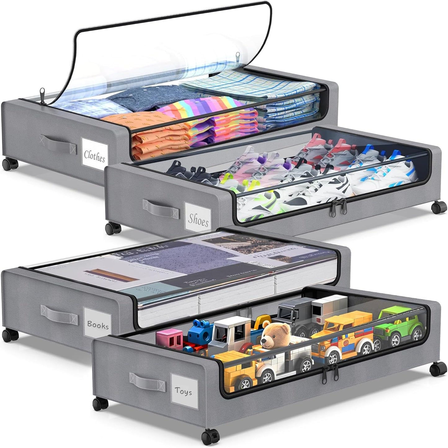 Under Bed Storage with Wheels, 4-Pack Underbed Storage Containers with Clear Lids, Under Bed Shoe Storage Organizer, Rolling Under Bed Storage for Clothes Shoes Blankets (Grey)