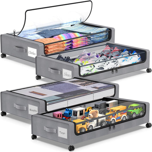 Under Bed Storage with Wheels, 4-Pack Underbed Storage Containers with Clear Lids, Under Bed Shoe Storage Organizer, Rolling Under Bed Storage for Clothes Shoes Blankets (Grey)