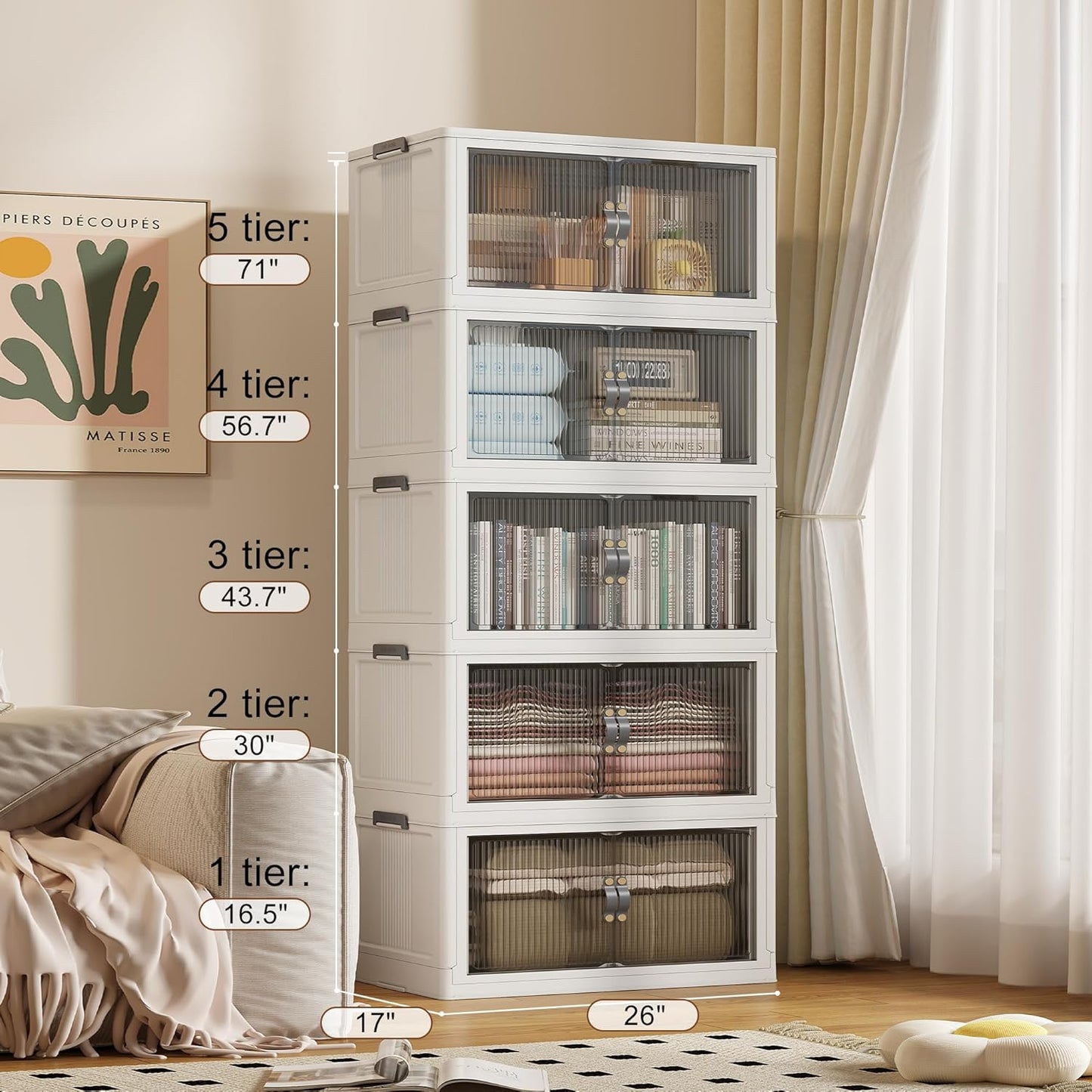 SAILUN 136Gal/543Qt Stackable Storage Bins Folding Collapsible Storage Bins with Lid, Closet Organizers and Storage, Grey 26" W x 17" D x 71" H