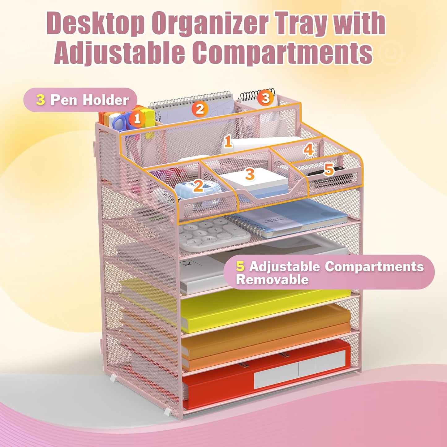 Docnest 6 Tier Mesh Desk Organizer for Paper Office Supplies – Multi-Functional Letter Tray with 5 Adjustable Compartments, 3 Pen Holders, Desktop Storage for Files, Mail, Stationery – Pink